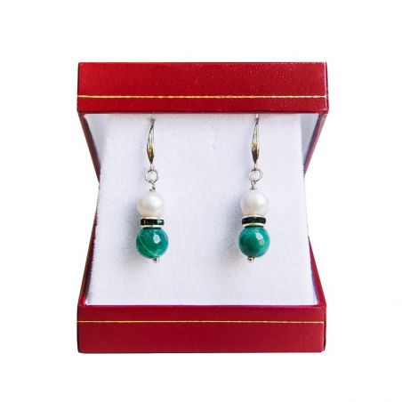 Silver earrings white pearl and green agate