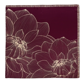 Esarfa matase naturala satinata  bordeaux cu imprimeu floral stilizat, linii fine ivoar.