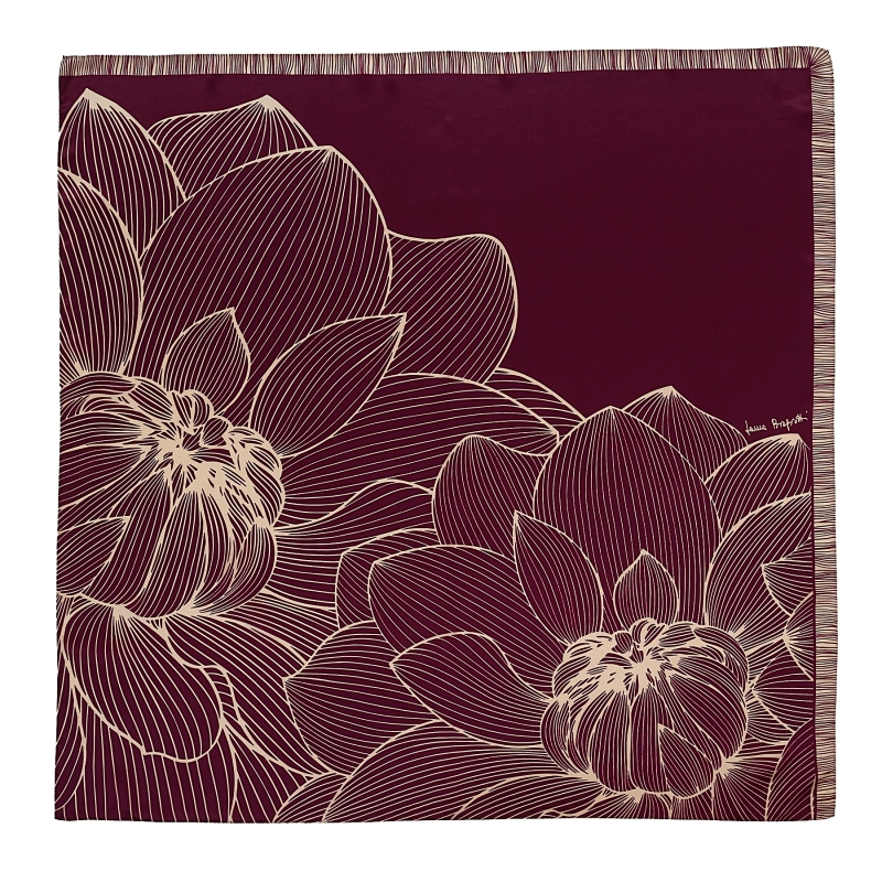 Esarfa matase bordeaux cu imprimeu floral stilizat, linii fine aurii.
