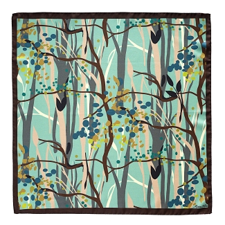 Esarfa matase cu imprimeu padure stilizata, culori turcoaz, gri, maro, galben.