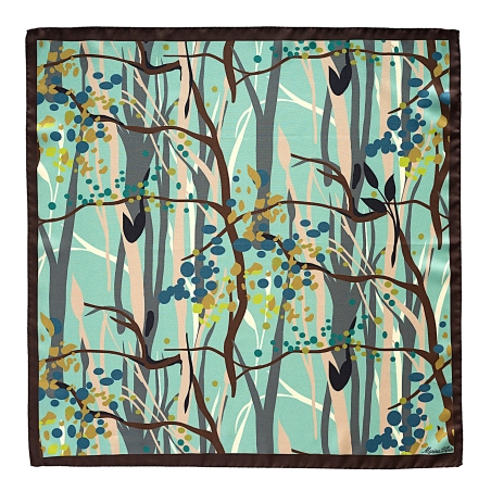 Esarfa matase cu imprimeu padure stilizata, culori turcoaz, gri, maro, galben.