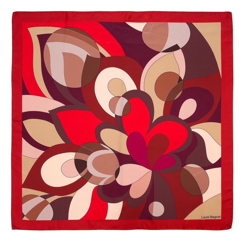 Esarfa matase naturala twill cu imprimeu abstract rosu,maro,mov,beige.