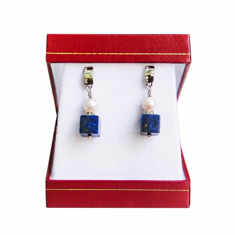 Silver earrings lapis and pearl white cube
