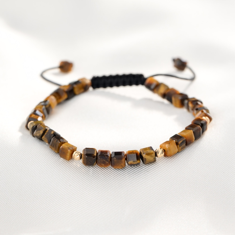 Bratara Wild Breathe ochi de tigru cubic, sfere aur 14K, snur