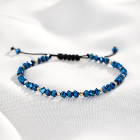 Bracelet Cool Blue hematite, 14K gold charms, black cord