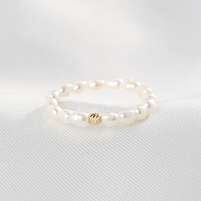 Adjustable ring rice-shaped pearl, 14K gold charms