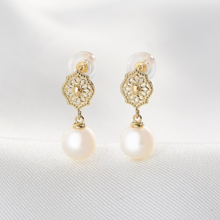 Cercei aur 14K White Reverie, perla alba