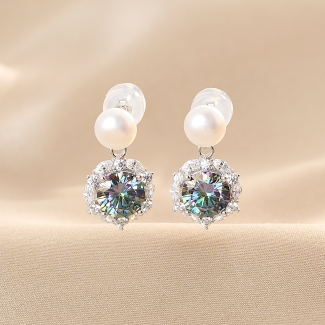 Sterling Silver Earrings Rainbow Eclat, moissanite and pearls