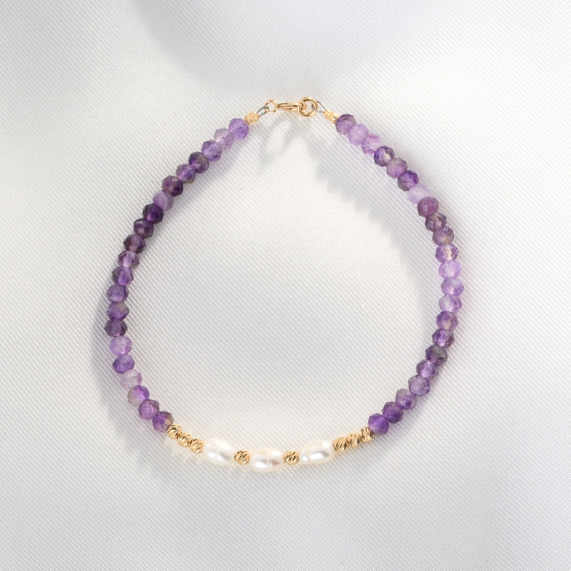 Bracelet Everlight amethyst, pearls, 14K gold charms
