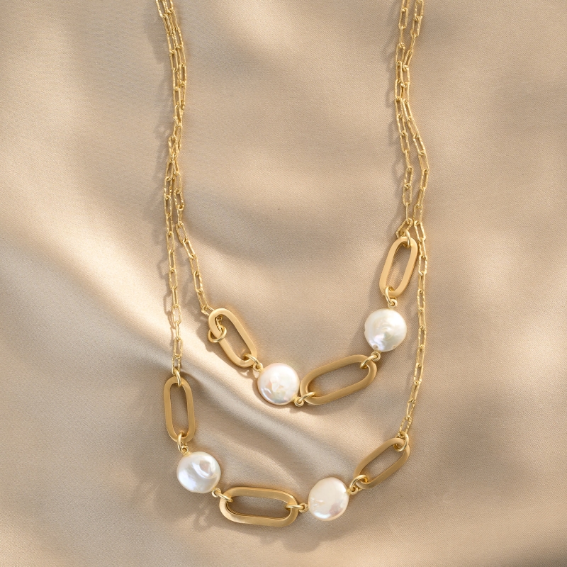 Sterling Silver Necklace lung Baroque Perle Chic, 100 cm, 23K gold plated