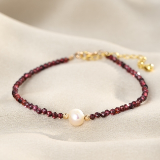 925 Sterling Silver Bracelet Burgundy garnet with pearl