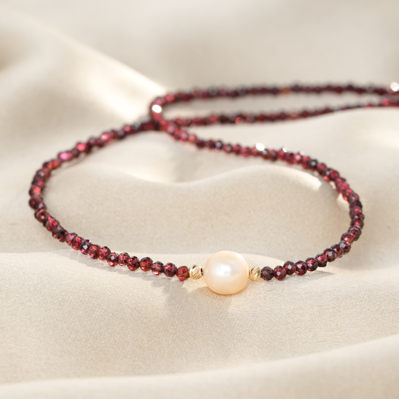 925 Sterling Silver Burgundy garnet choker with pearl, gold sliding chain