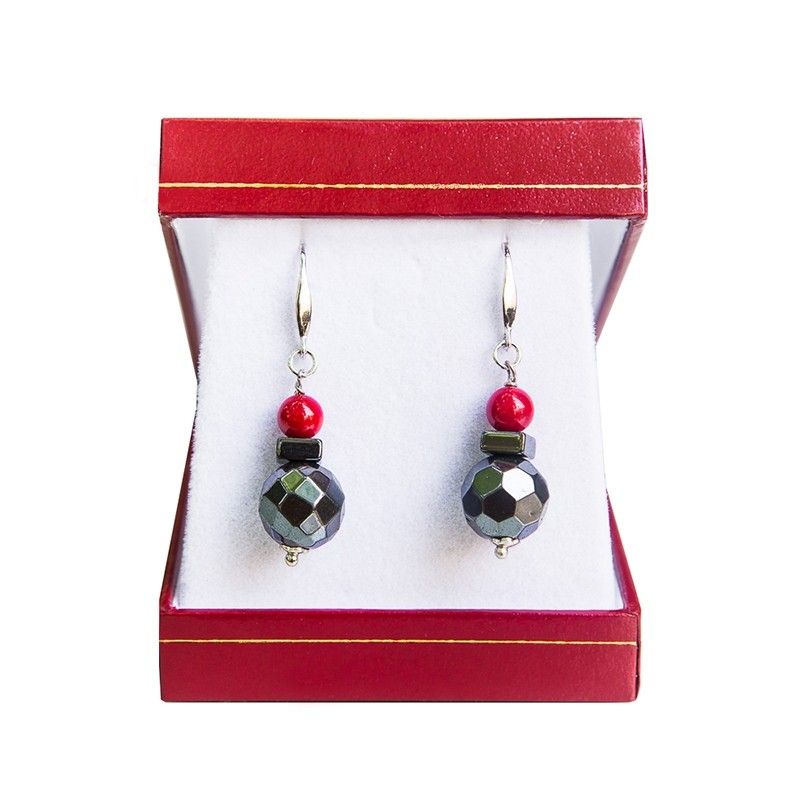 Hematite and silver red coral earrings