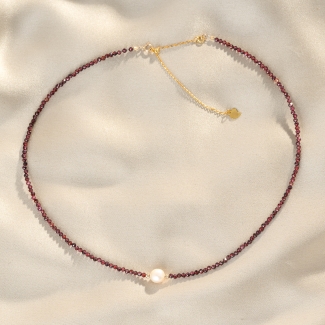Choker argint Burgungy granat cu perla, lantisor culisant gold