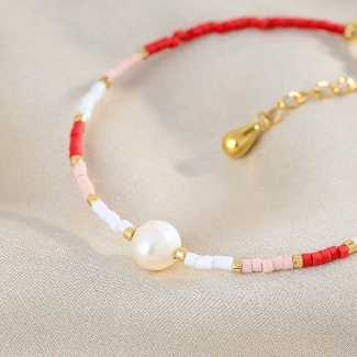 925 Sterling Silver Bracelet Cool Touch Red Miyuki with pearl