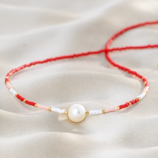 925 Sterling Silver Necklace Cool Touch Red Miyuki with pearl