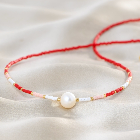 925 Sterling Silver Necklace Cool Touch Red Miyuki with pearl
