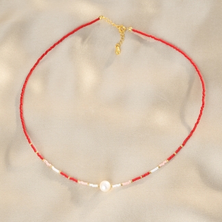 925 Sterling Silver Necklace Cool Touch Red Miyuki with pearl