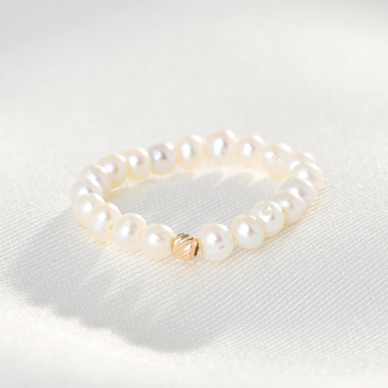 Inel reglabil perla alba, sfera aur 14K