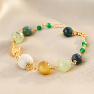 Tiger's Eye, Moonstone, Prehnite & Green Agate Gold - Plated Silver Bracelet