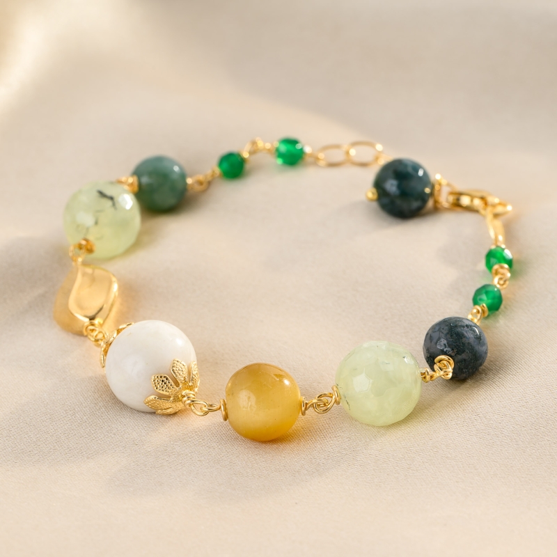 Tiger's Eye, Moonstone, Prehnite & Green Agate Gold - Plated Silver Bracelet