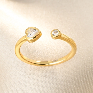 Inel argint reglabil Heart & Solitaire zirconia gold