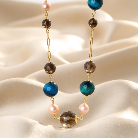 Tiger Eye, Smoky Quartz & Pink Pearl Gold - Plated Silver Necklace