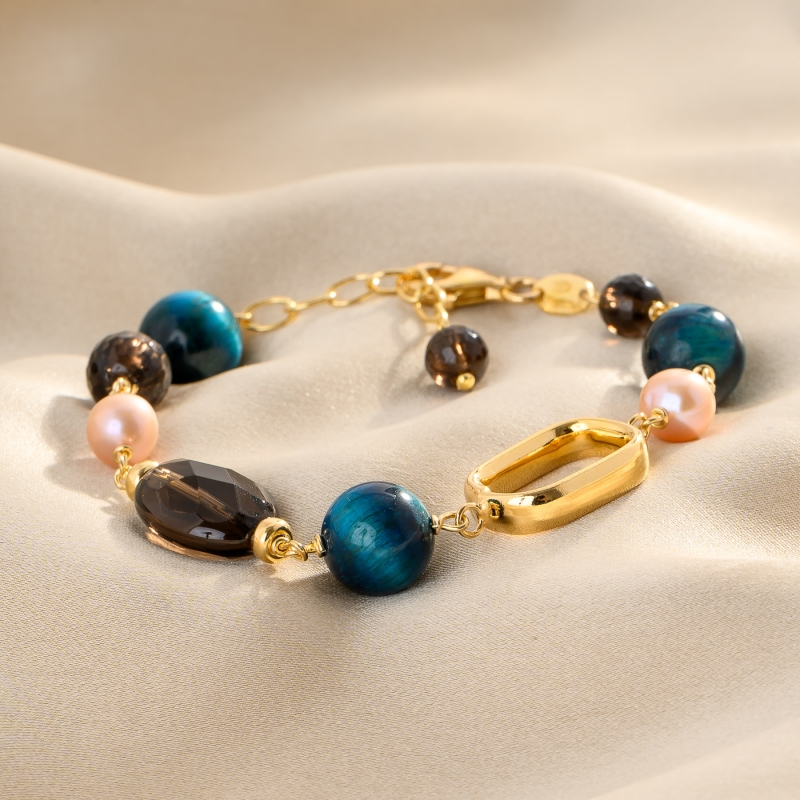 Tiger’s Eye, Smoky Quartz & Pink Pearl Gold - Plated Silver Bracelet