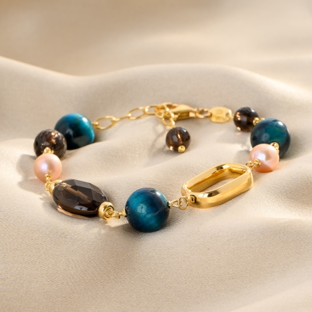 Tiger’s Eye, Smoky Quartz & Pink Pearl Gold - Plated Silver Bracelet