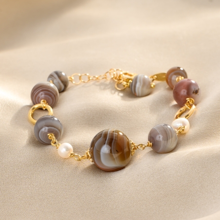 Cappuccino Agate & White Pearl Gold - Plated Silver Bracelet