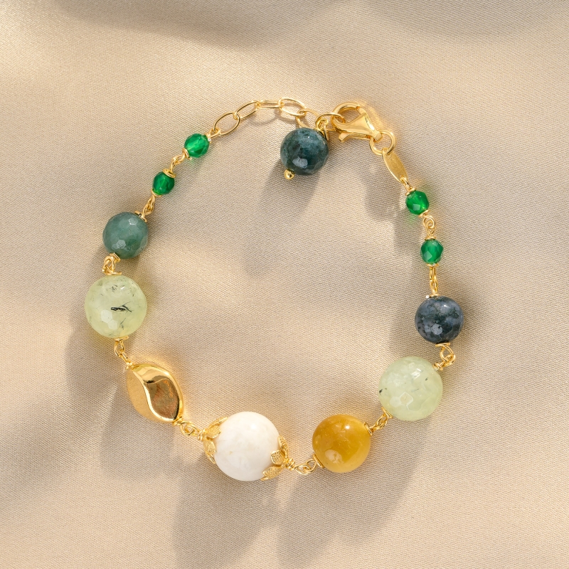 Tiger's Eye, Moonstone, Prehnite & Green Agate Gold - Plated Silver Bracelet