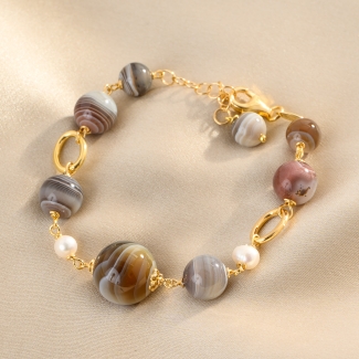 Cappuccino Agate & White Pearl Gold - Plated Silver Bracelet