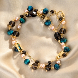 Tiger Eye, Smoky Quartz & Pink Pearl Gold - Plated Silver Necklace