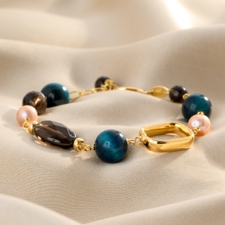 Tiger’s Eye, Smoky Quartz & Pink Pearl Gold - Plated Silver Bracelet