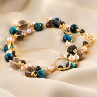 Tiger Eye, Smoky Quartz & Pink Pearl Gold - Plated Silver Necklace