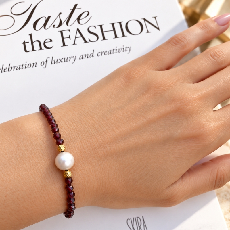 Bratara argint Burgundy granat cu perla gold