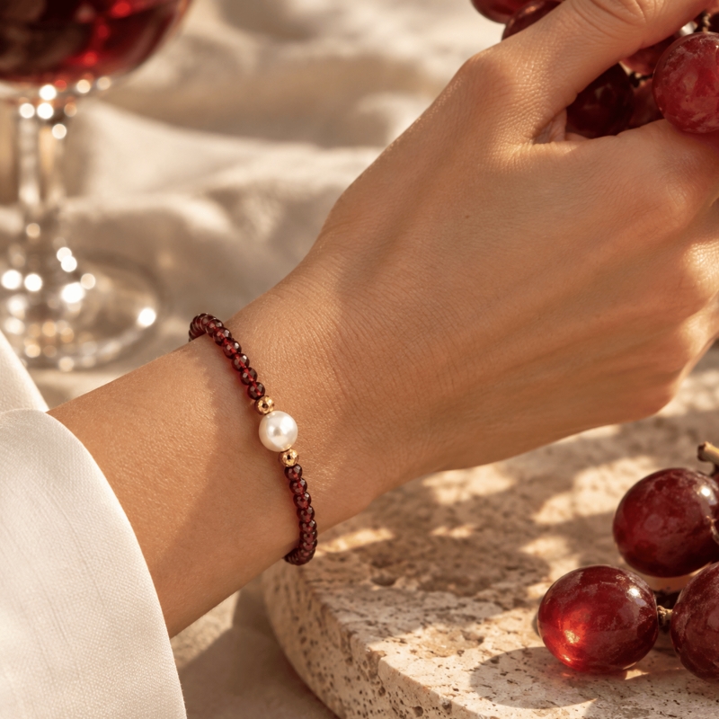 Bratara argint Burgundy granat cu perla gold