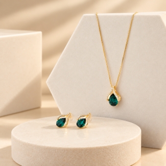 Set argint cercei, lant si pandant Feelings Emerald Drops gold coperta
