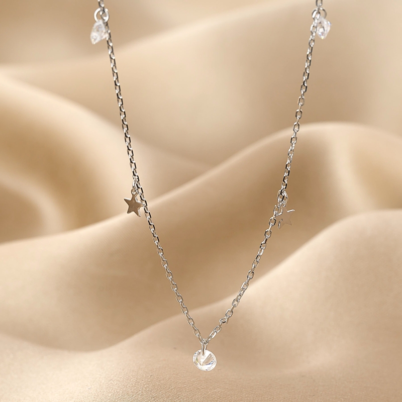 925 Silver Necklace, zirconia stars charm
