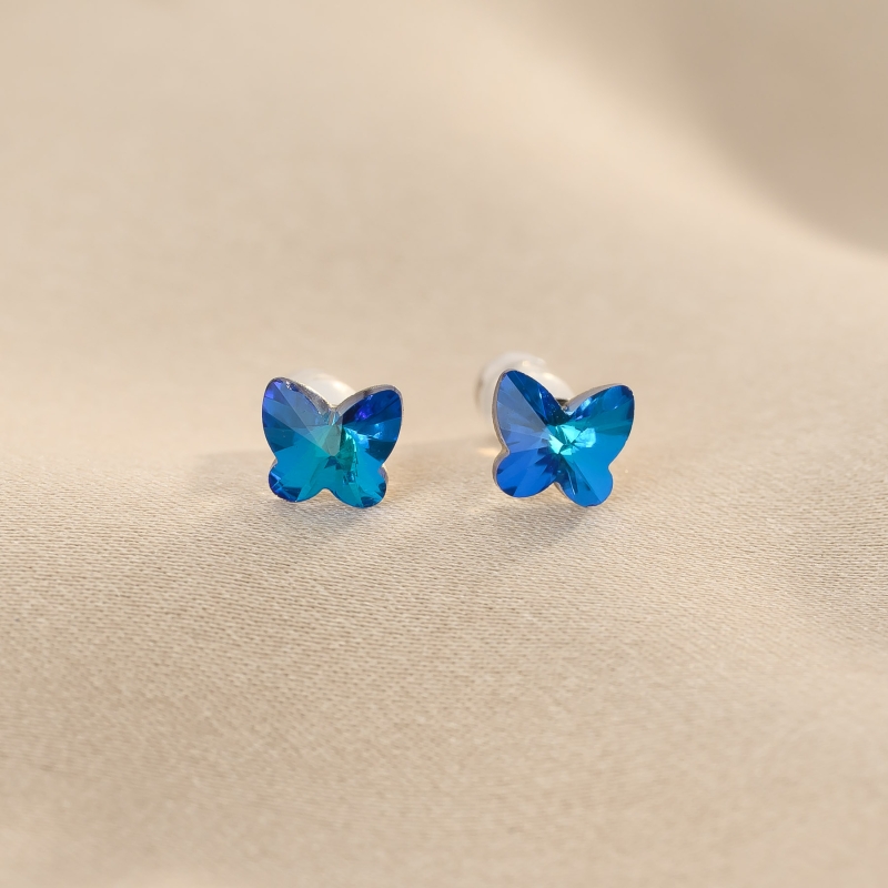 925 Silver Kids Earrings Little Blue, crystal butterfly