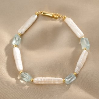 14K Gold Plated Silver Bracelet Neaira, aquamarine & pearls