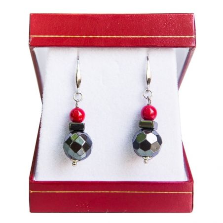 GIFT: Silk scarf Rouge Intense hematite and silver and red coral earrings