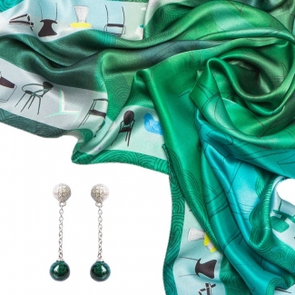 GIFT: Mila Schon silk scarf green chairs and silver earrings malachite My Way