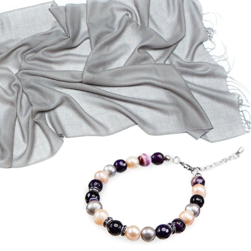 GIFT: Mila Schon gray wool scarf and purple lace agate bracelet