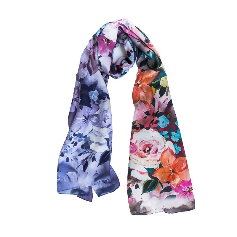 Laura Biagiotti Shawl little silk flowers corai indigo and silver earrings amethyst My Way