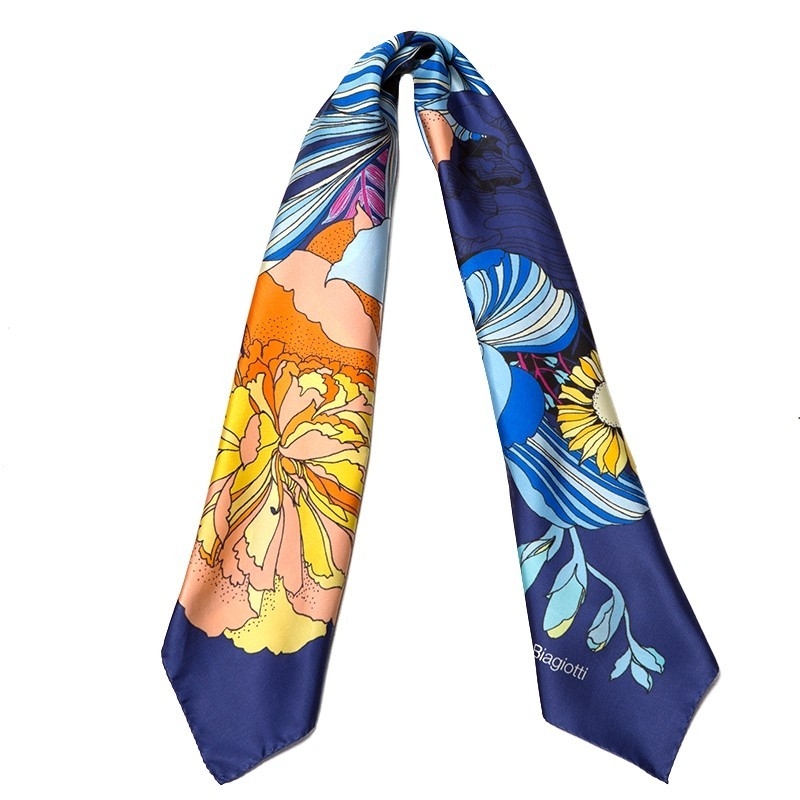 Esarfa matase twill L. Biagiotti Japanese flowers navy