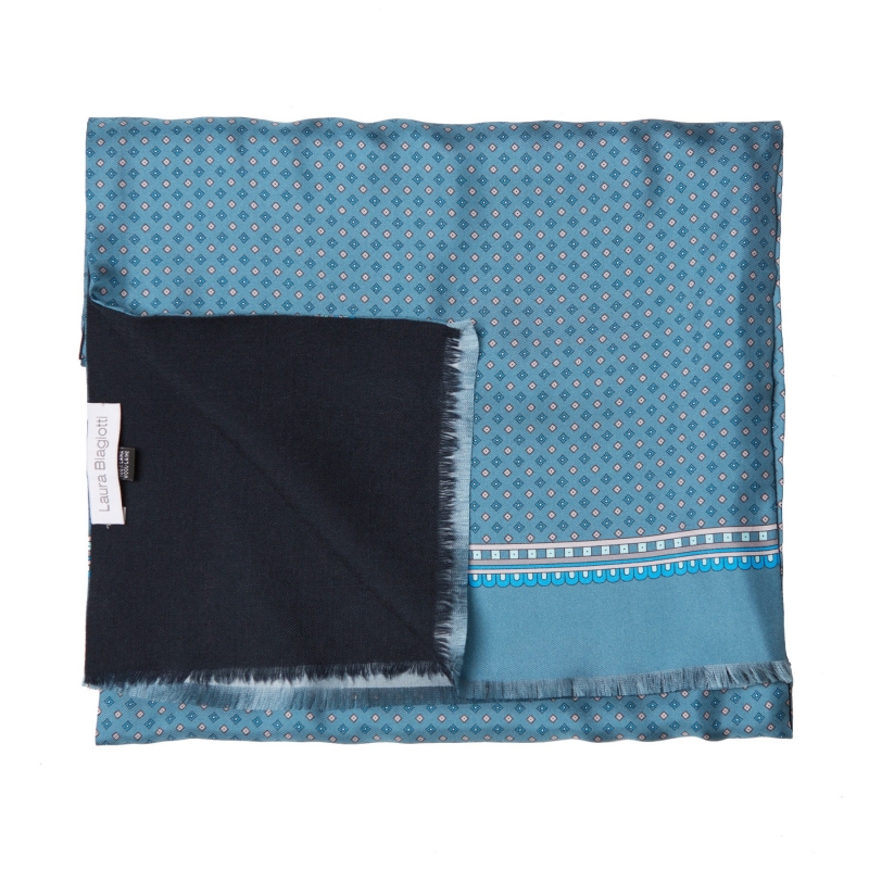 Esarfa matase si lana barbati smart print albastru petrol