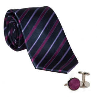 Cadou: Cravata matase L. Biagiotti dungi subtiri magenta Executive si butoni inox si matase violet