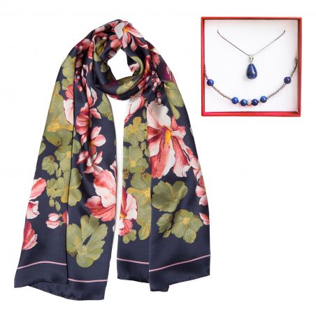 Gift: Silk scarf big flowers navy and lapis lazuli silver jewelry set