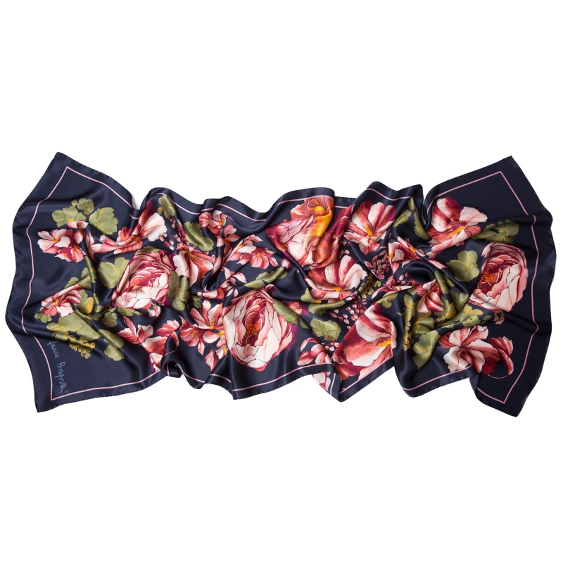 Gift: Silk scarf big flowers navy and lapis lazuli silver jewelry set